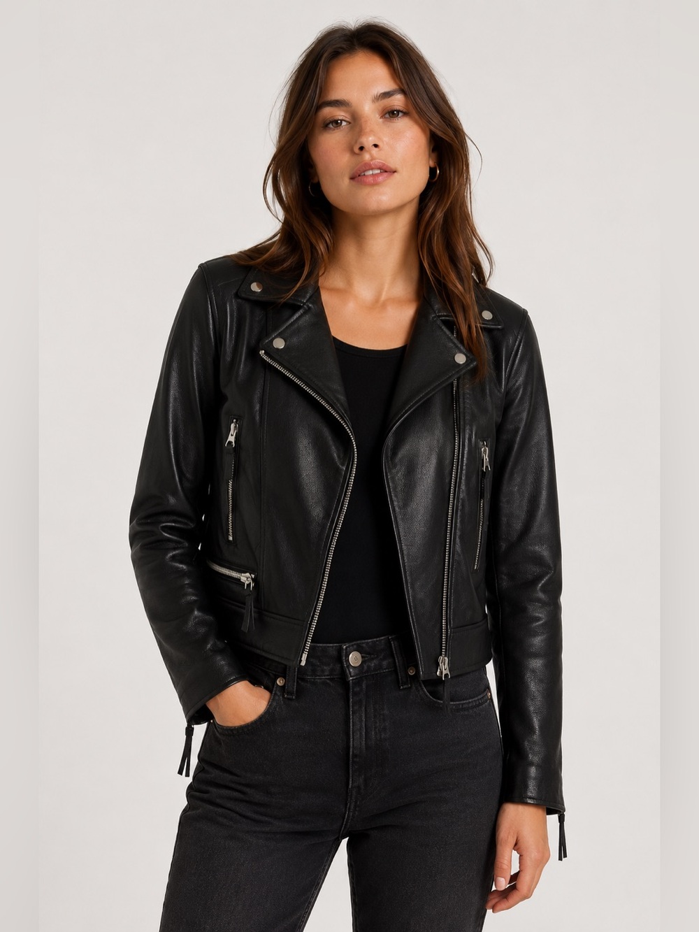 H&M Black Leather Biker Jacket with Silver Hardware